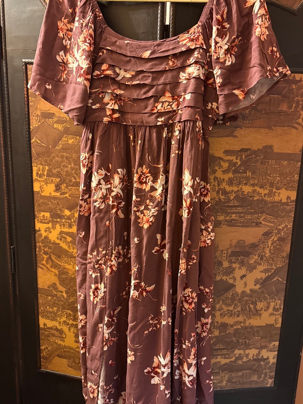 Brown Floral Flutter Sleeve Maxi Dress